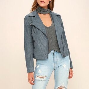 Lush Catch You on the Flip Side Slate Blue Suede Moto Jacket